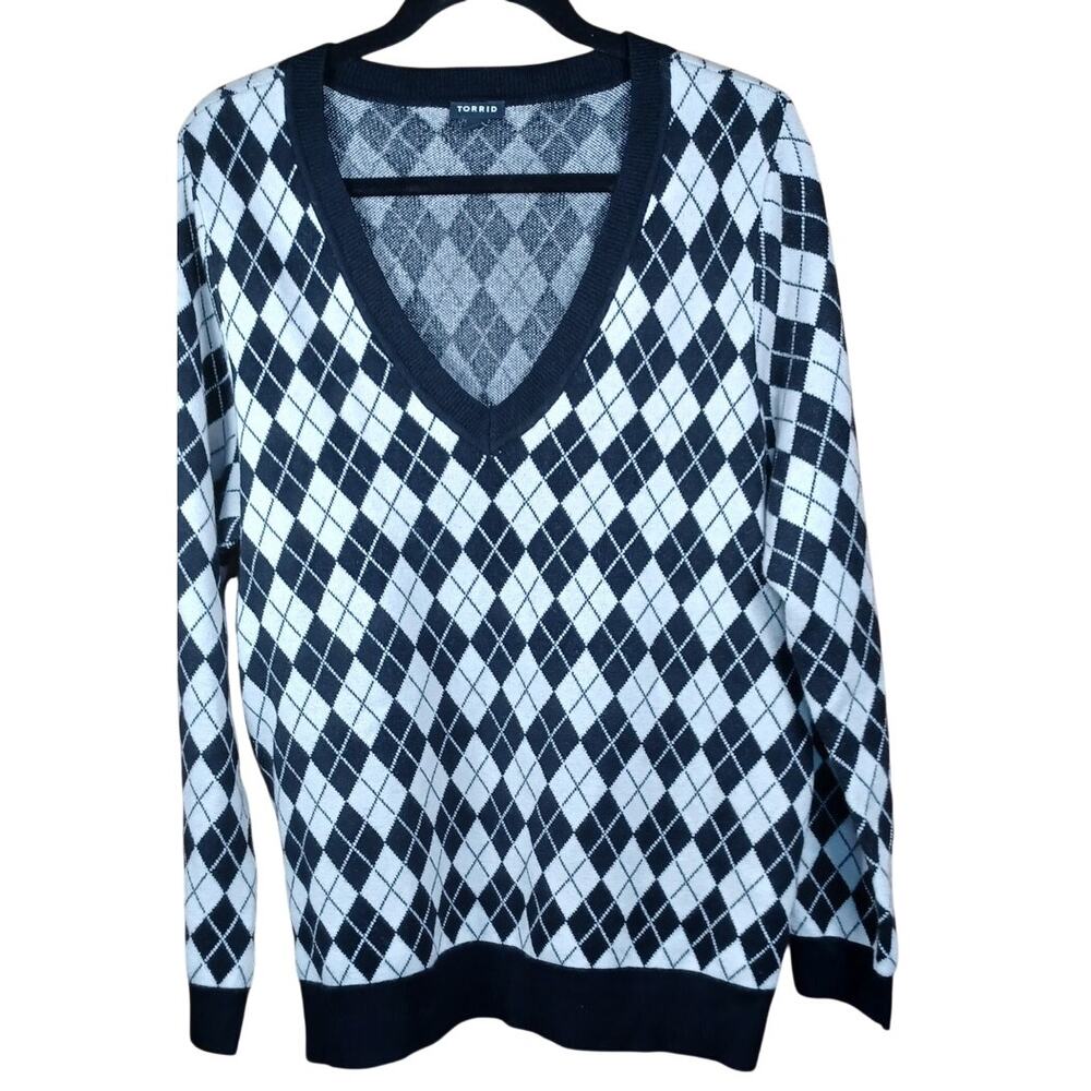 Torrid Women's Plus Size 1X Argyle Knit Sweater Black/White Diamond Print VNeck